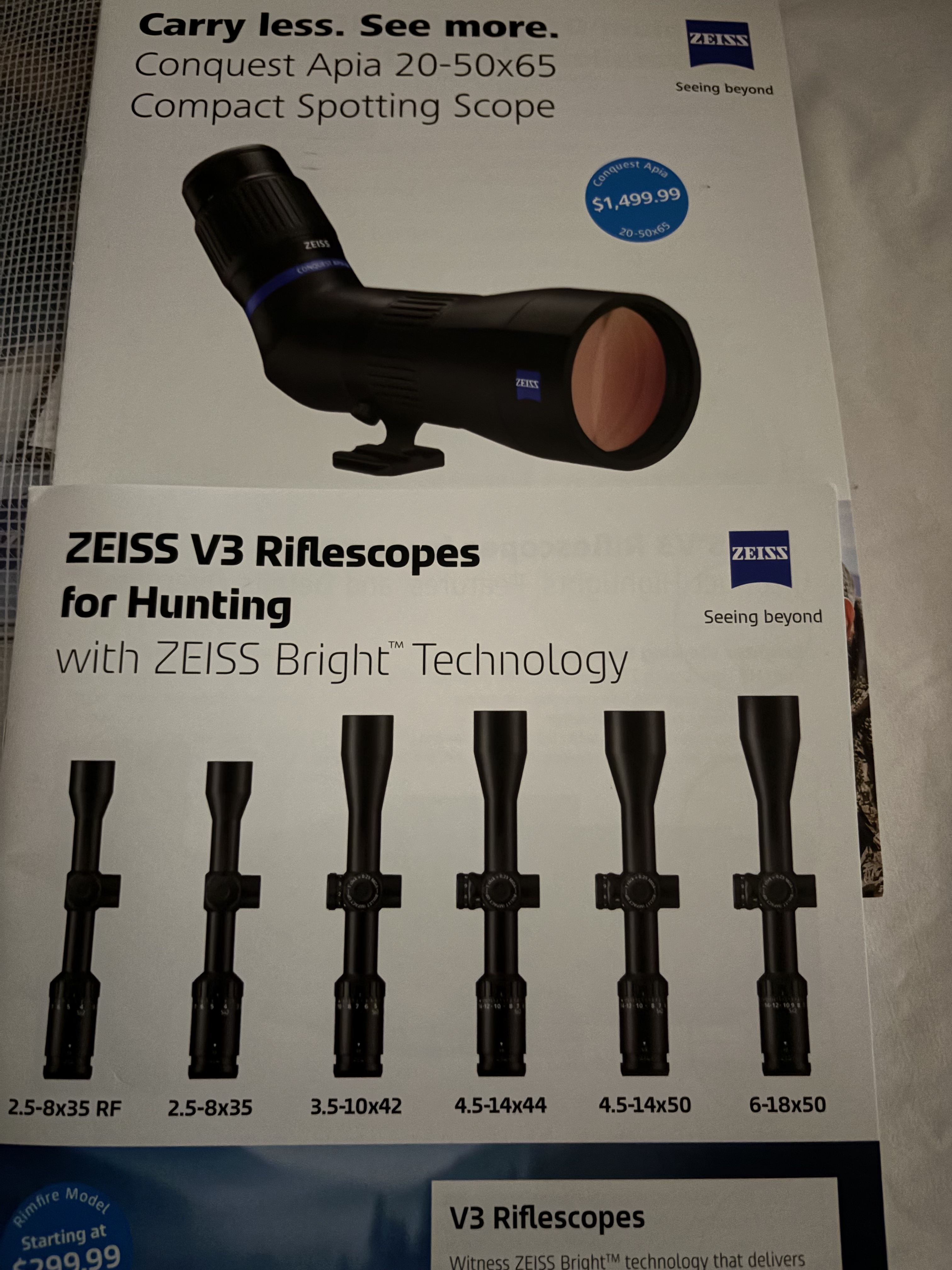 Zeiss V3 riflescope lineup showing all six configurations from 2.5-8x35 RF to 6-18x50, with Zeiss Bright Technology branding