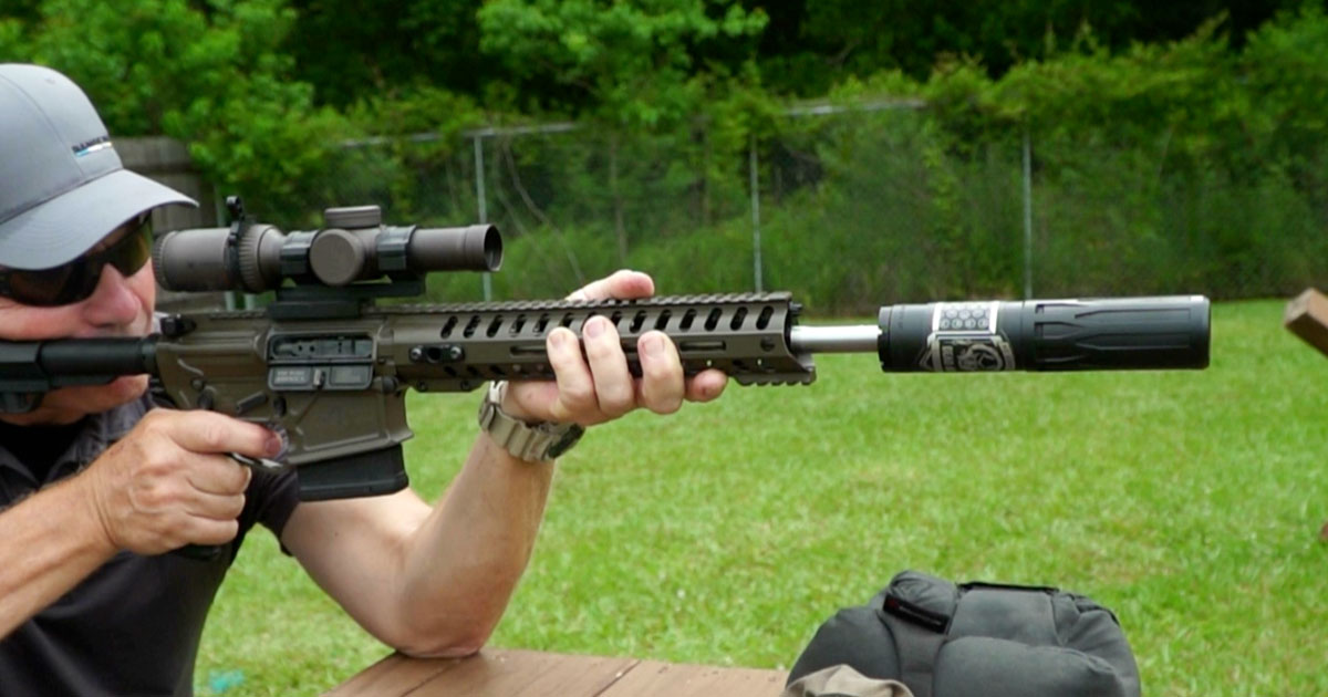 Dead Air CT5P suppressor mounted on an AR carbine