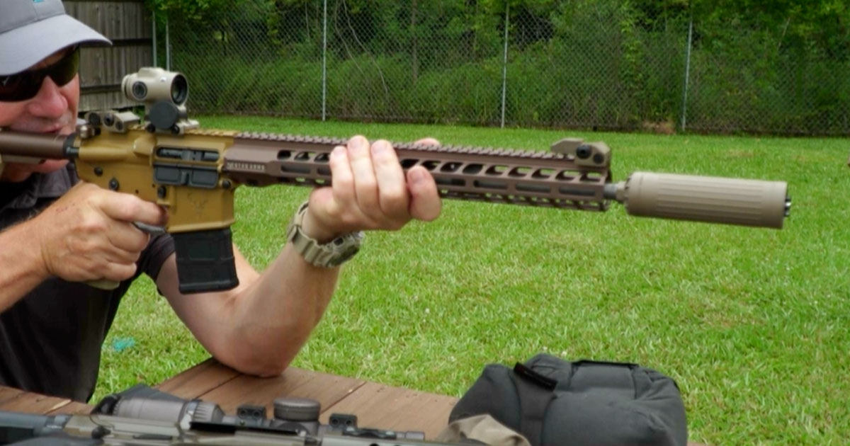 Dead Air CT5P suppressor mounted on an AR carbine