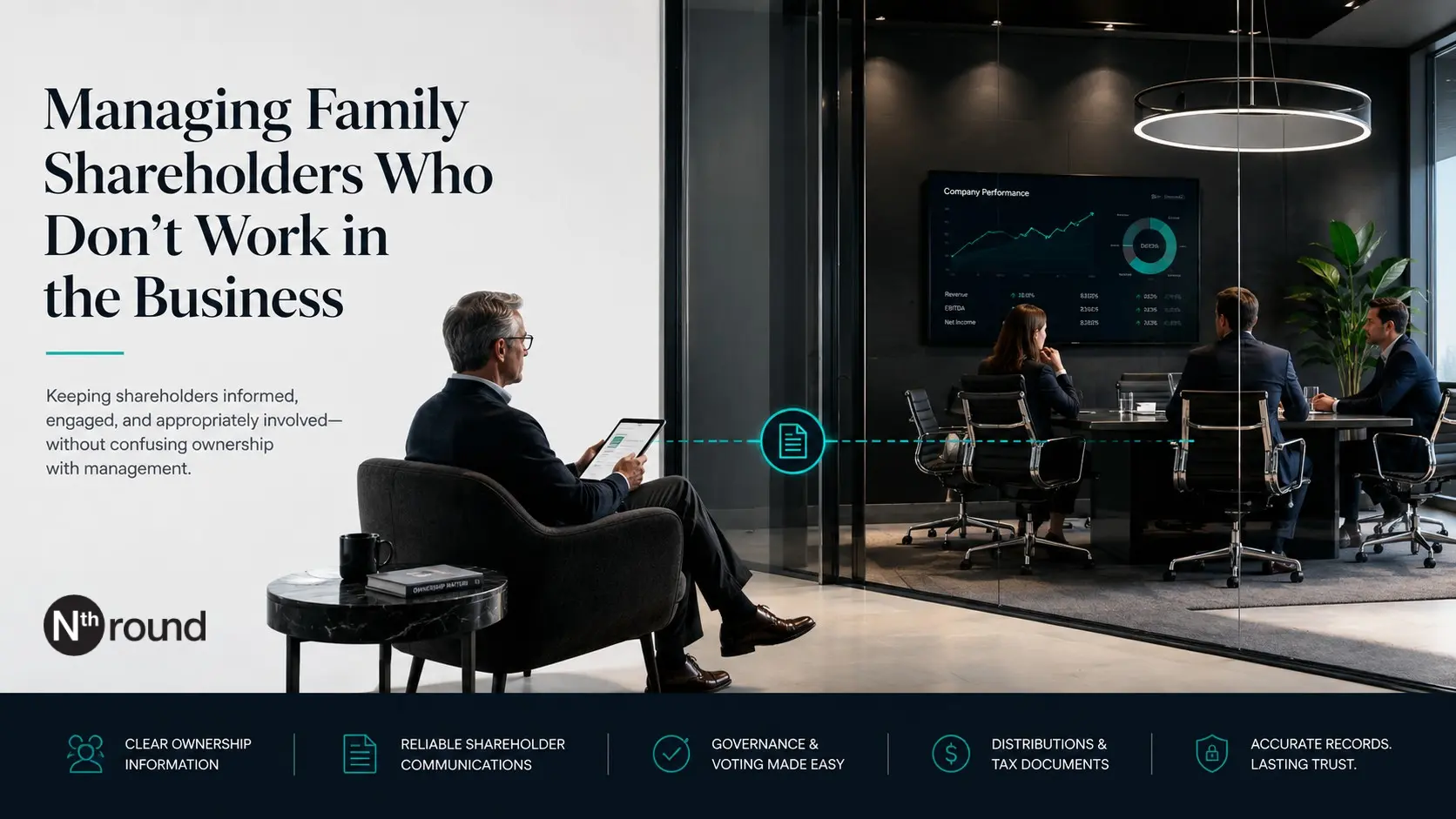 Family business executives meeting while a family shareholder outside the day-to-day business remains connected through ownership, illustrating the distinction between management and shareholder roles.