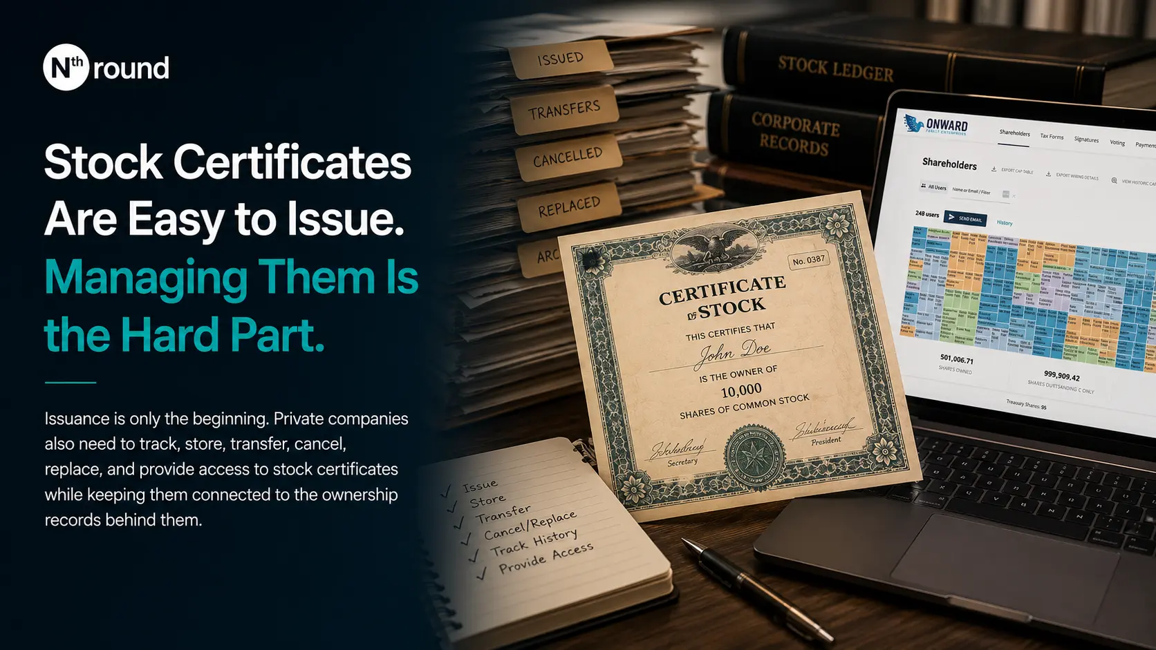 Stock certificate beside a laptop displaying shareholder ownership records, with files organized for issued, transferred, cancelled, and replaced certificates. Nth Round