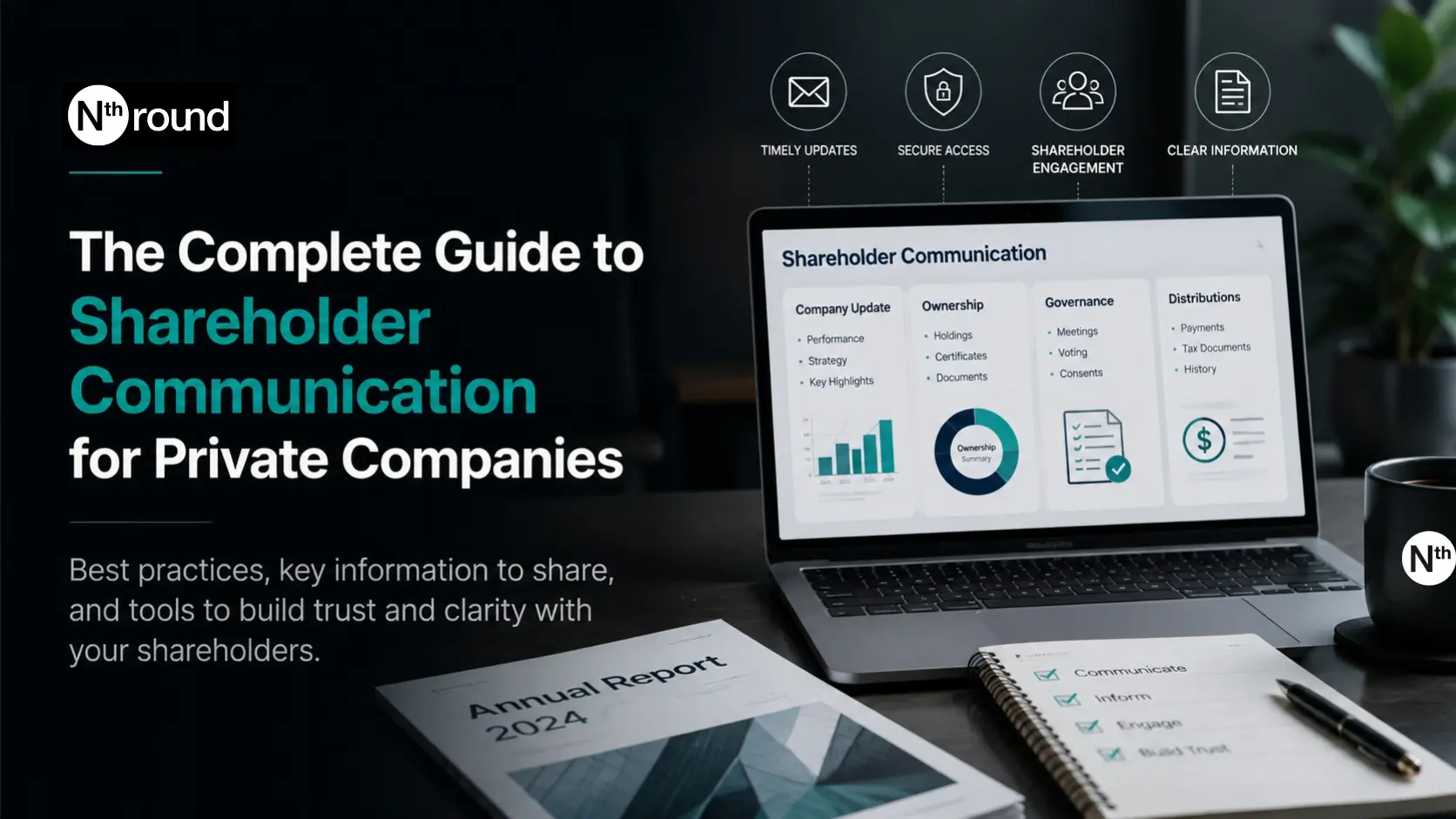 Nth Round guide to shareholder communication for private companies, featuring a digital dashboard for company updates, ownership information, governance, distributions, and secure shareholder access.