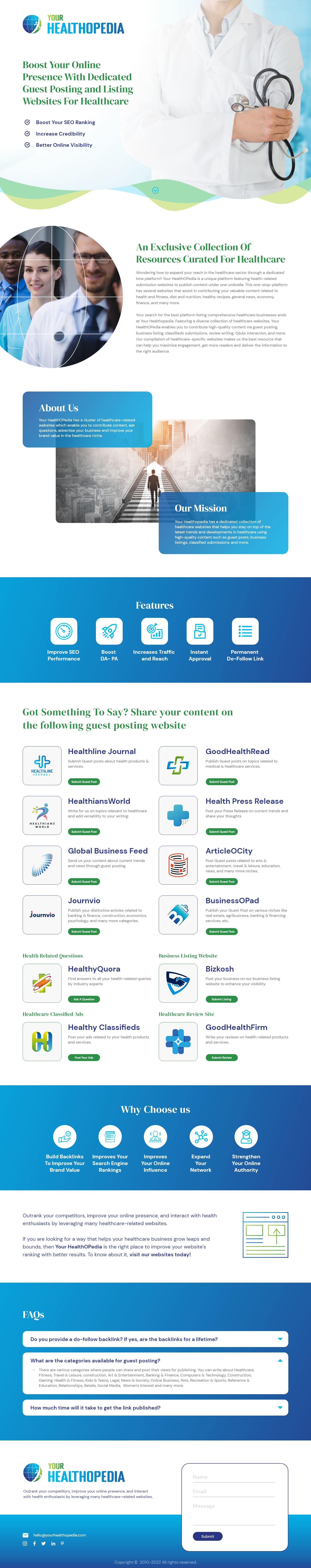 Website page promoting healthcare guest posting to boost SEO and online presence with resource, features, and FAQ sections.