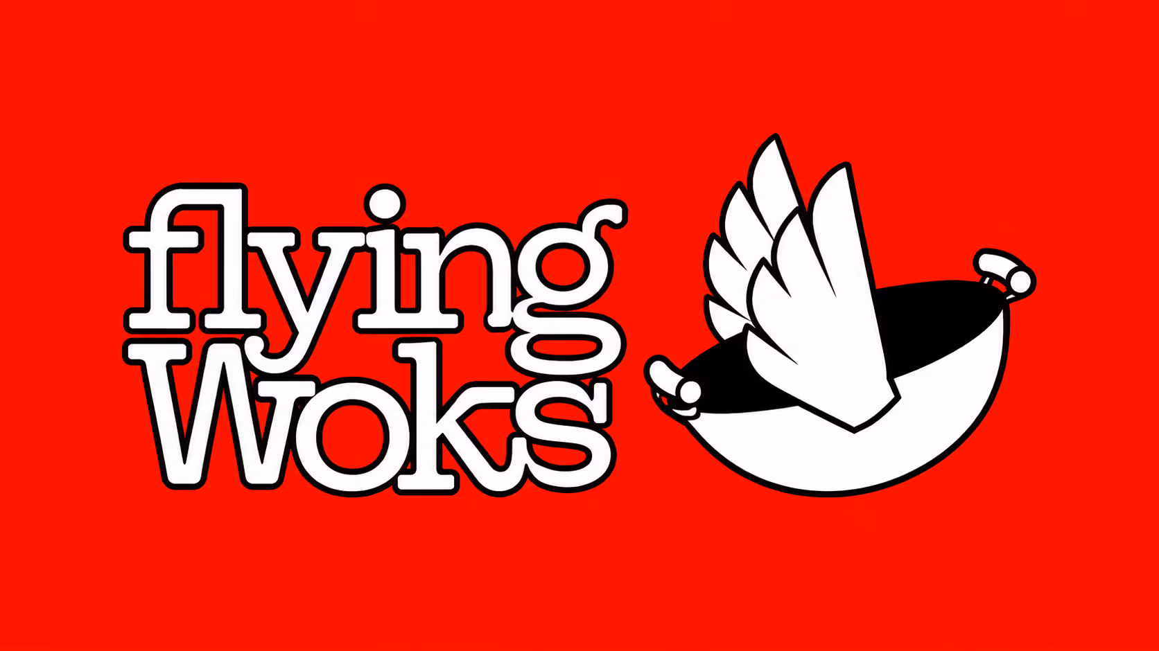 Logo with white text flying Woks next to a black and white flying wok with wings on red background.