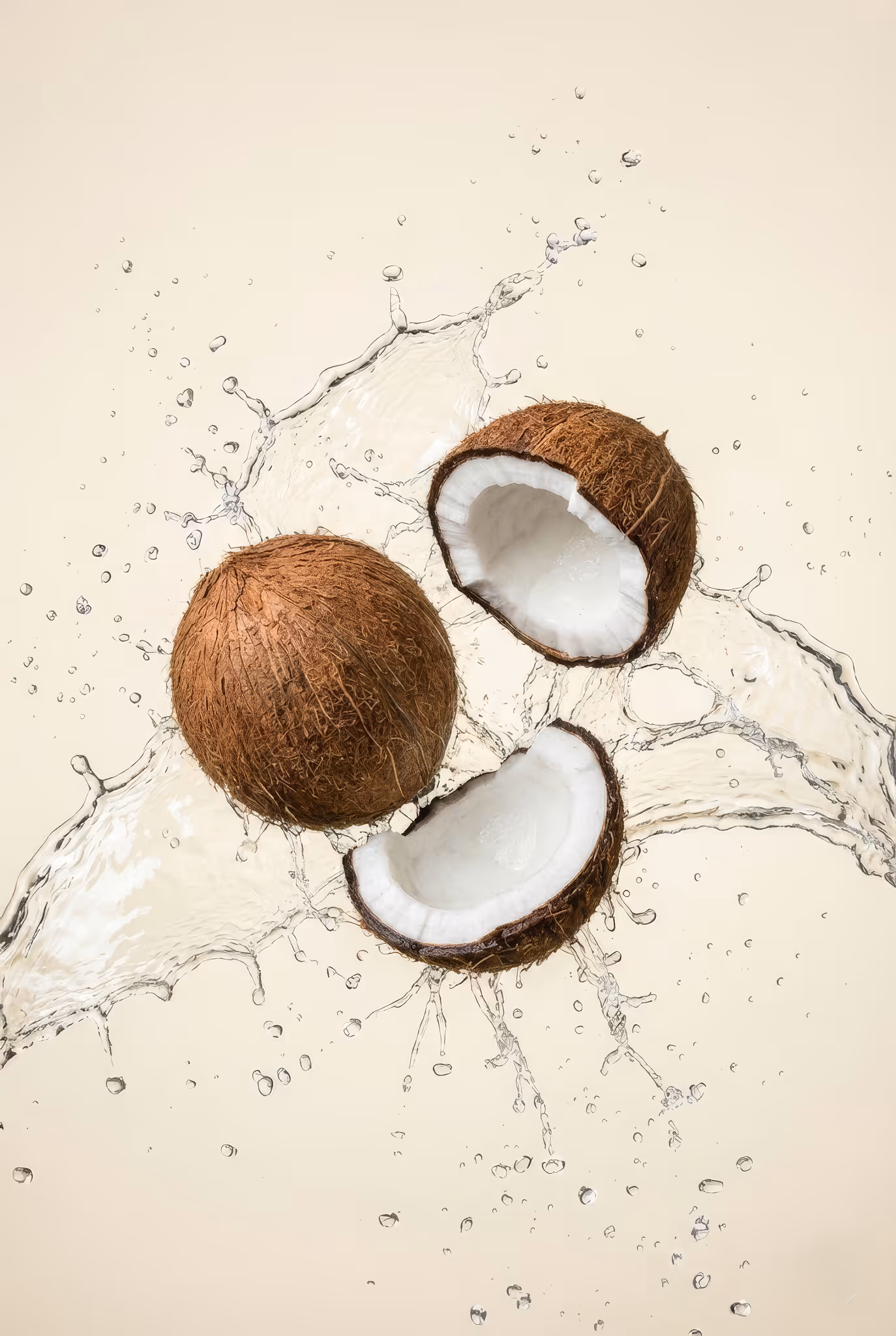 Whole and split coconuts with water splash on a beige background.