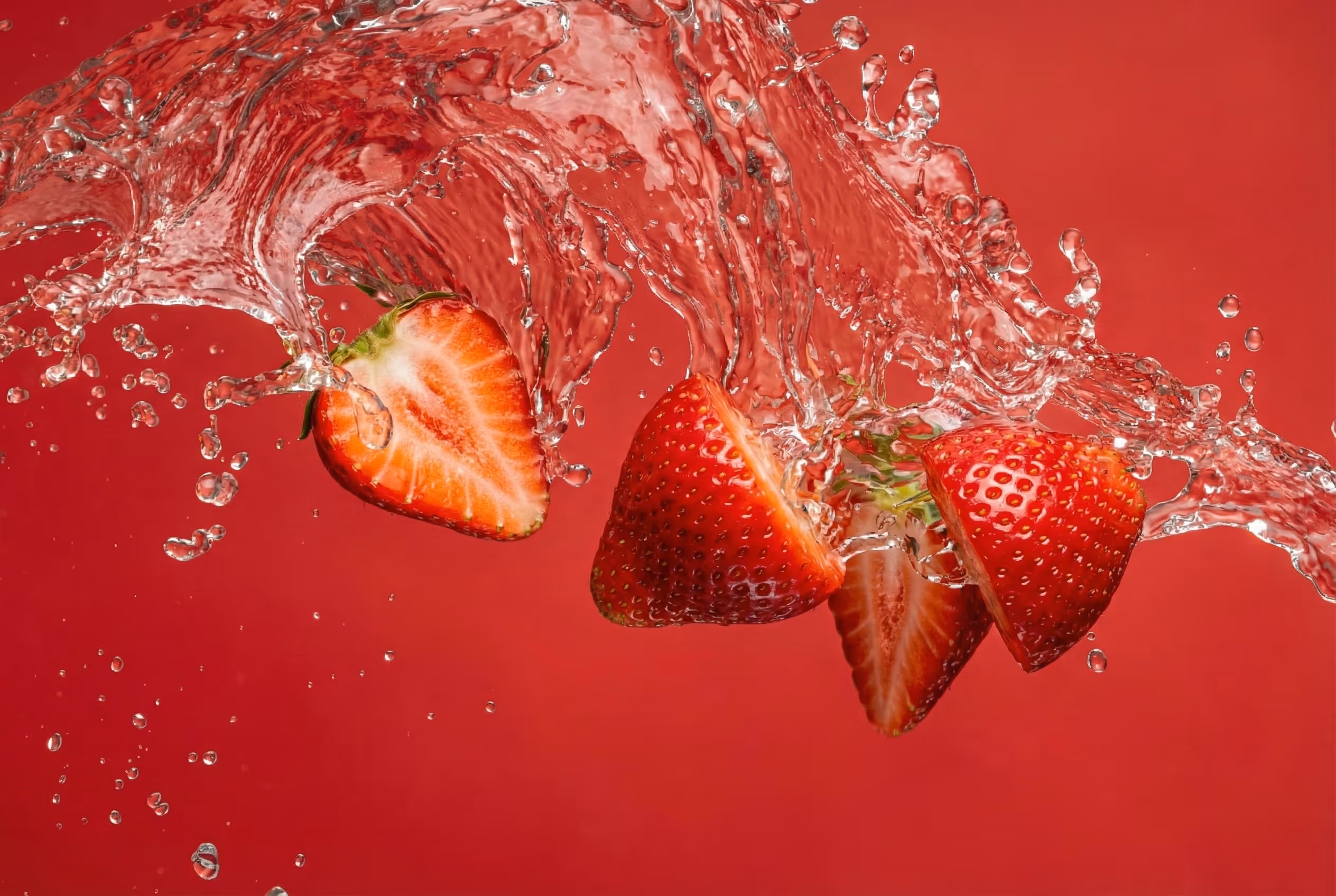 Splashing water around sliced strawberries against a red background.
