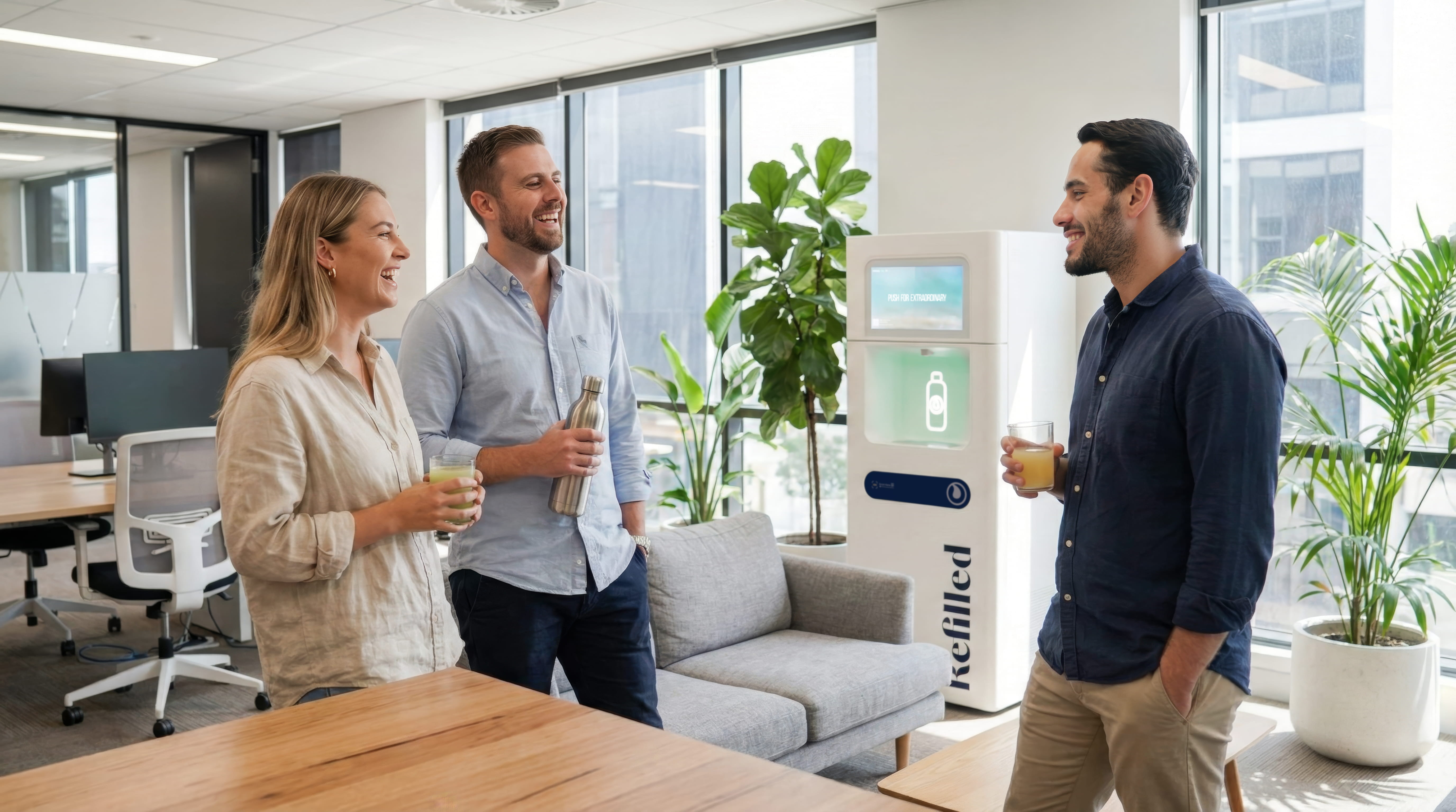 Three colleagues chatting and drinking beverages in a bright office break area with plants and a Refilled water station.