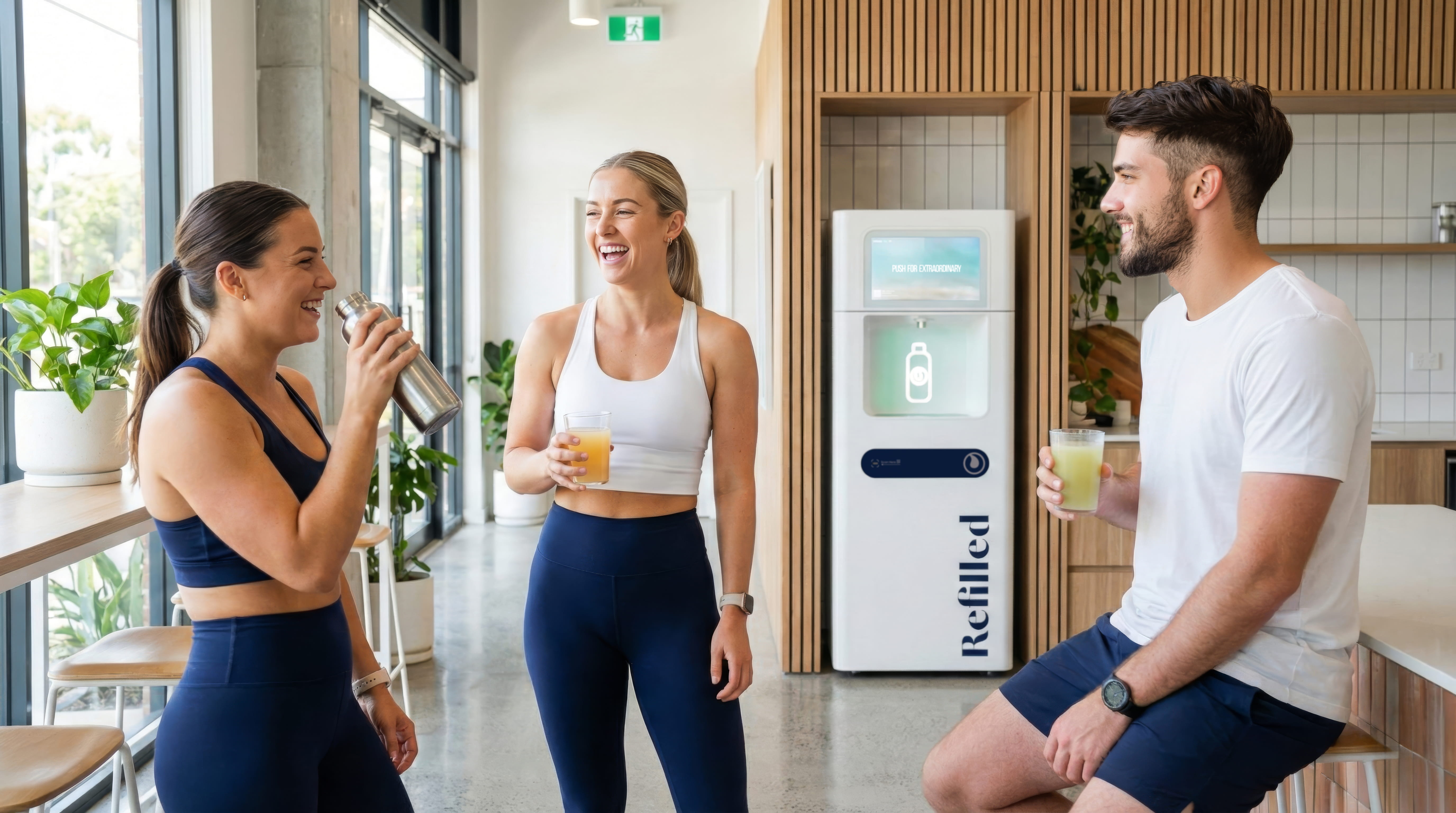 Three people in athletic wear laughing and drinking drinks in a modern gym lounge.