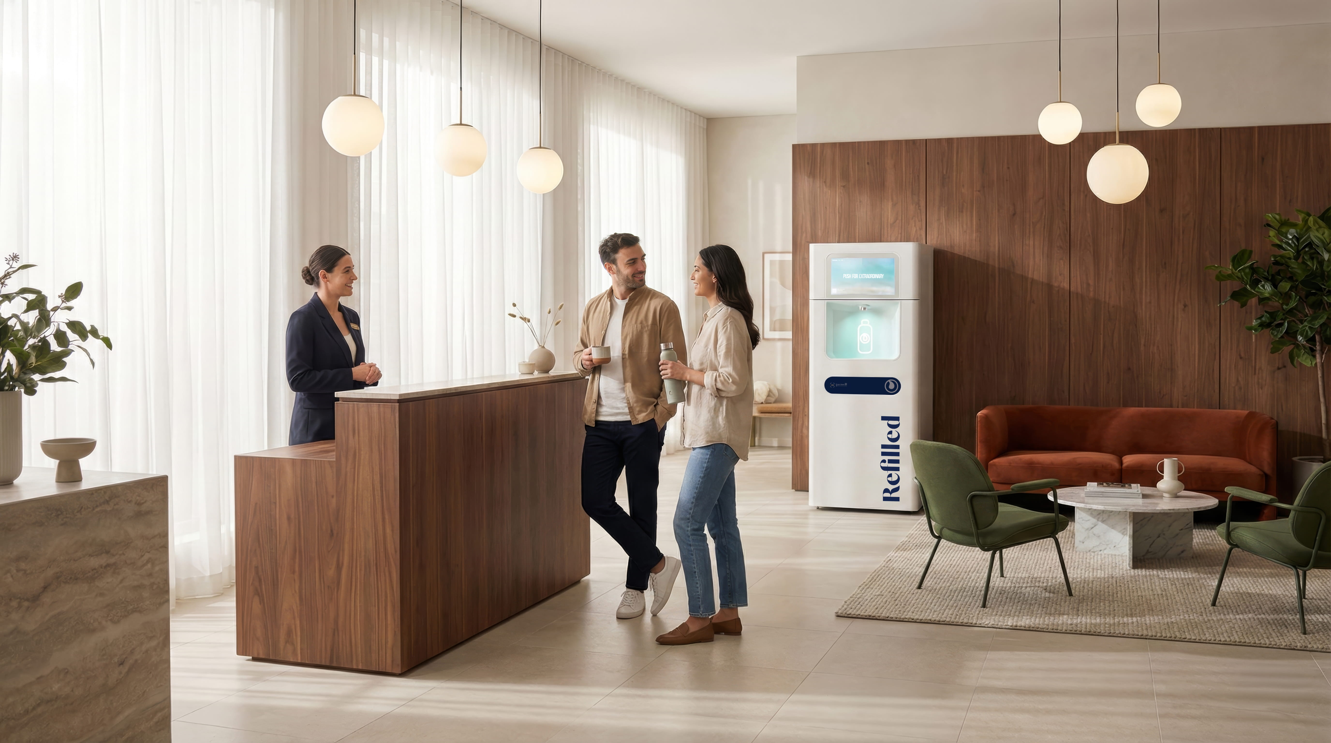 Couple talking to receptionist at wooden desk in modern lounge with refill machine and seating area.