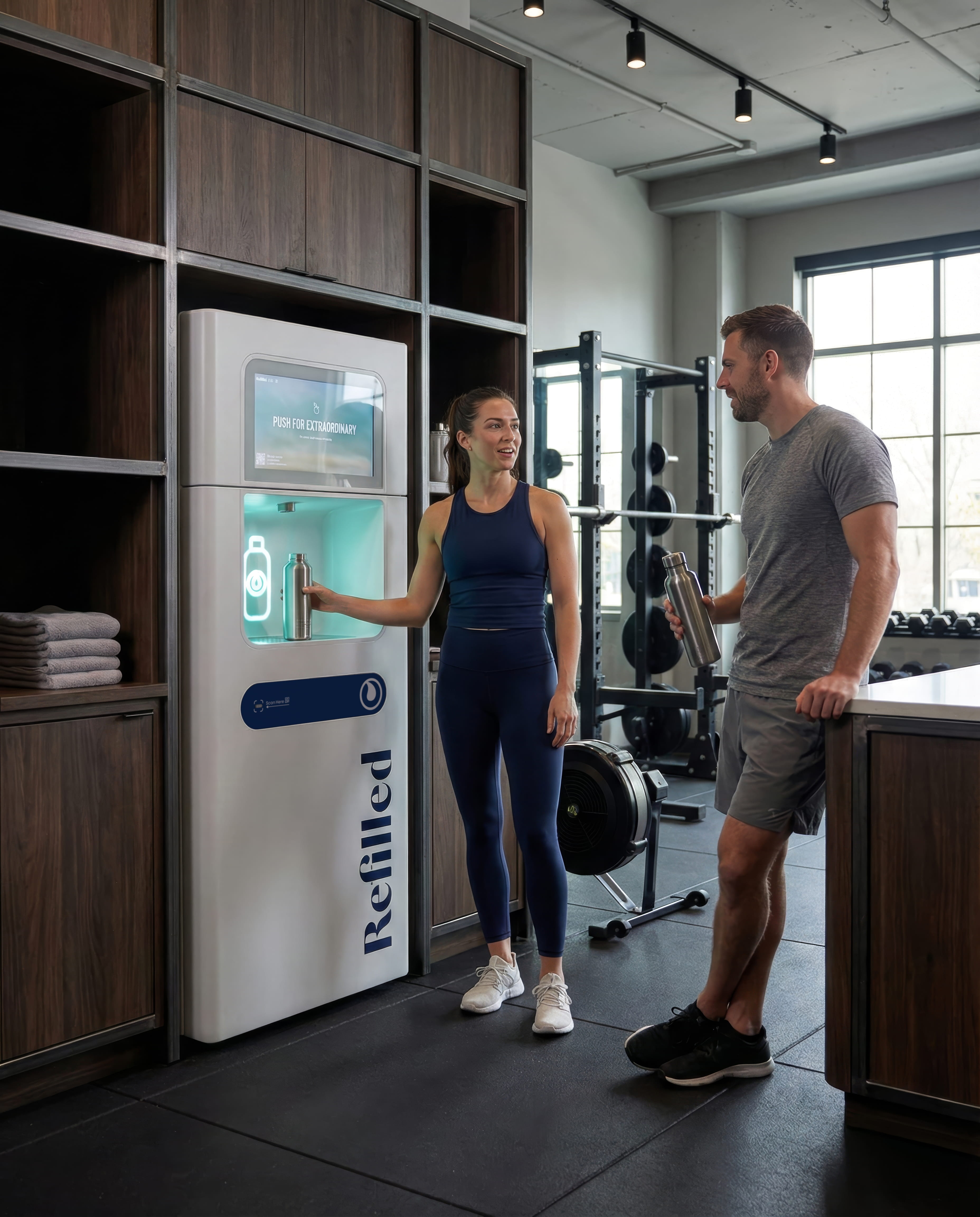 Woman refilling a water bottle at a Refilled station in a gym while chatting with a man holding a bottle.