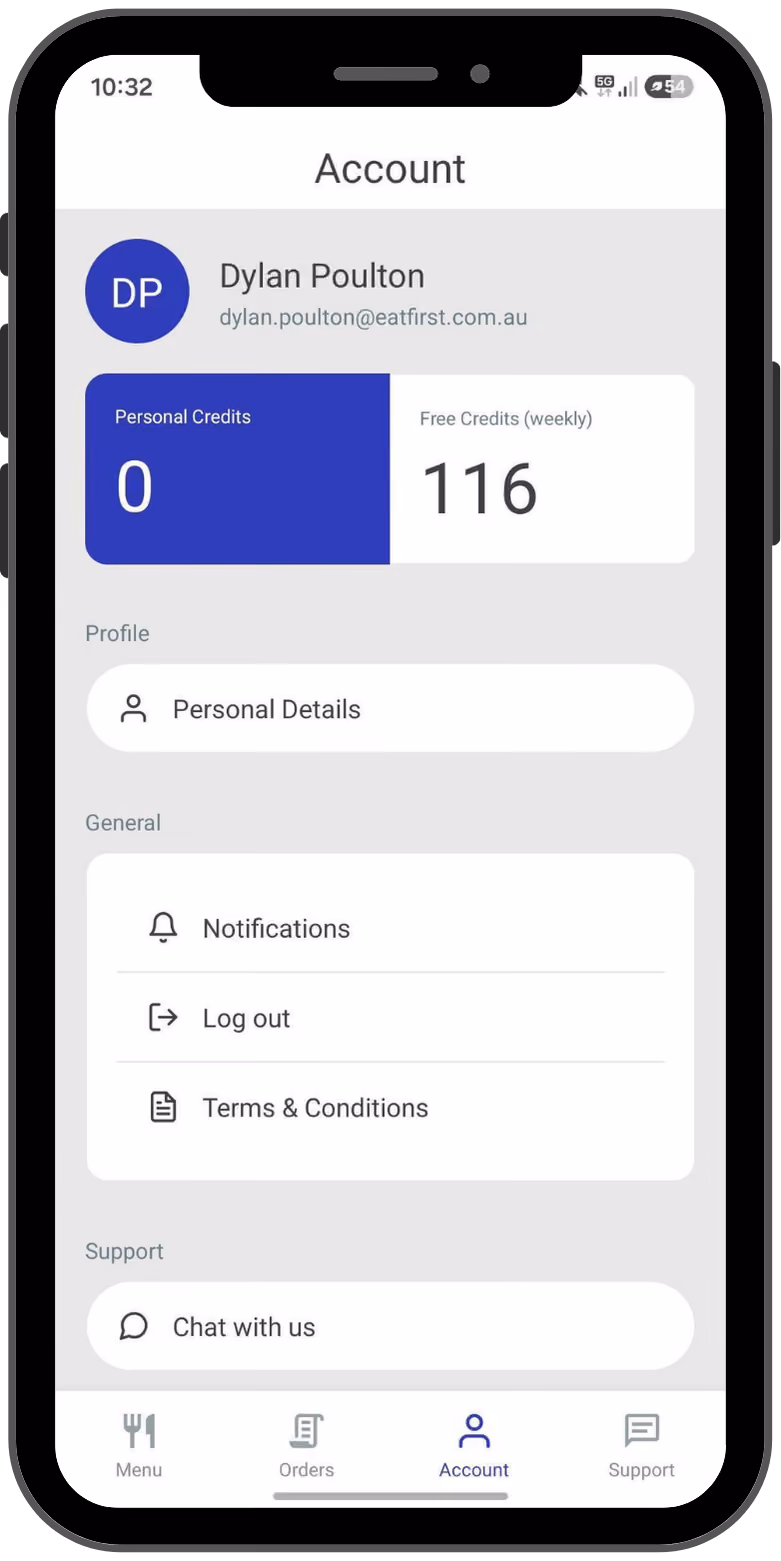 Mobile account screen showing user with 0 personal and 116 weekly free credits.