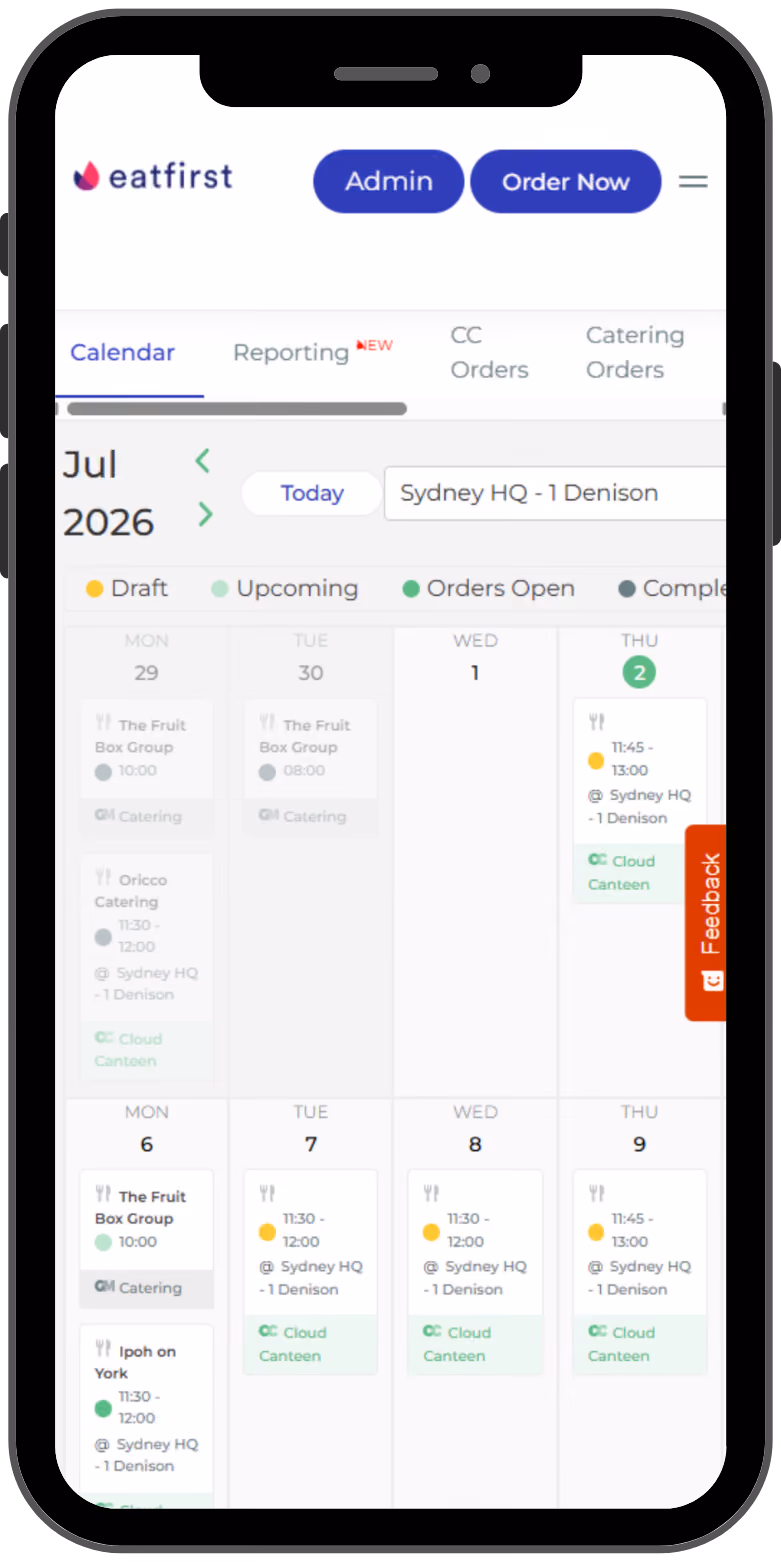 Mobile screen showing Eatfirst calendar view with food orders and catering events in July 2026 at Sydney HQ.