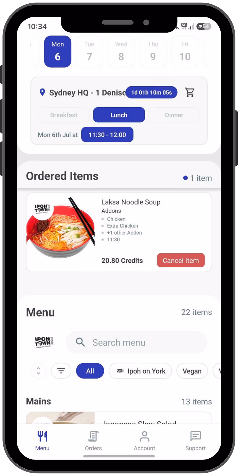 Food ordering app showing lunch at Sydney HQ on July 6 with one Laksa noodle soup item ordered.