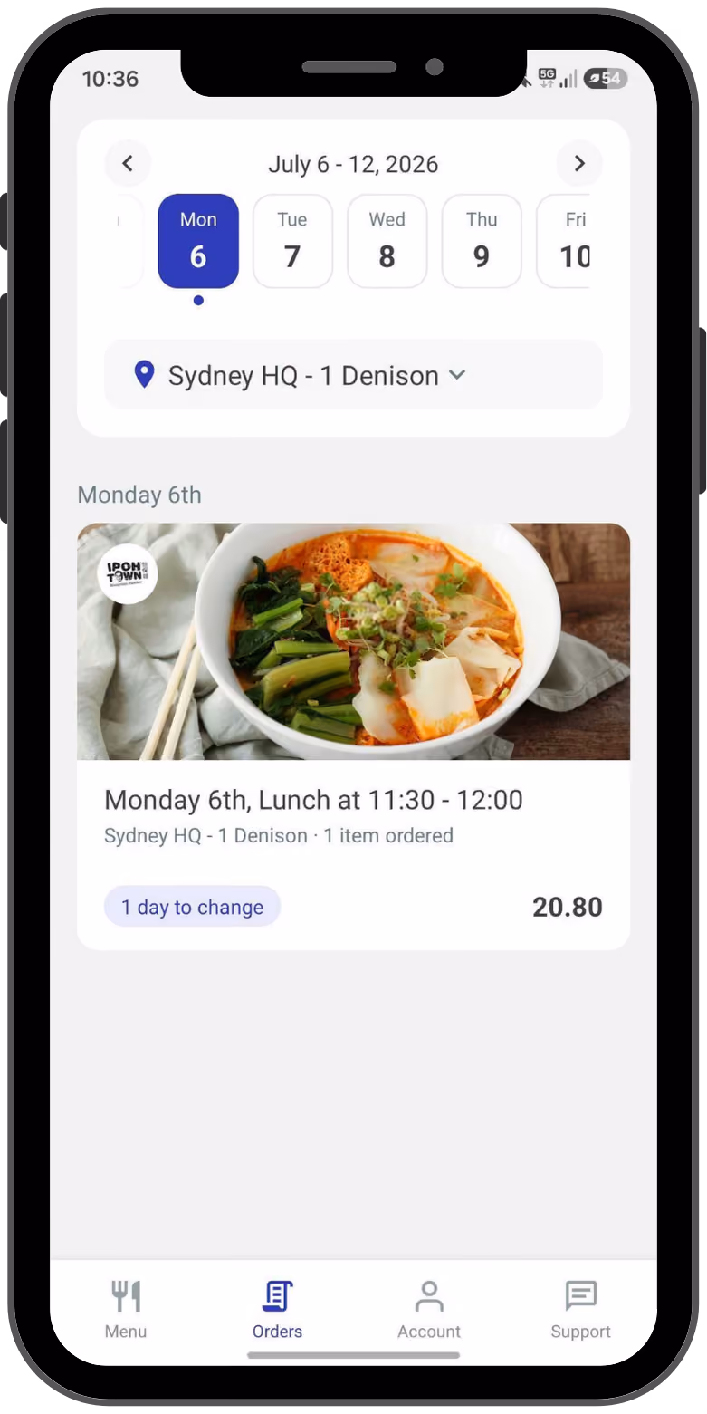 Food delivery app showing a lunch order for July 6th with a bowl of soup and vegetables at Sydney HQ.