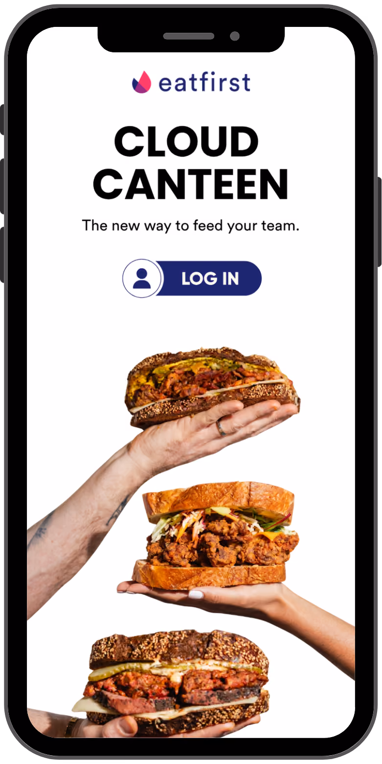 Eatfirst app screen showing a cloud canteen login with three large sandwiches held by hands.