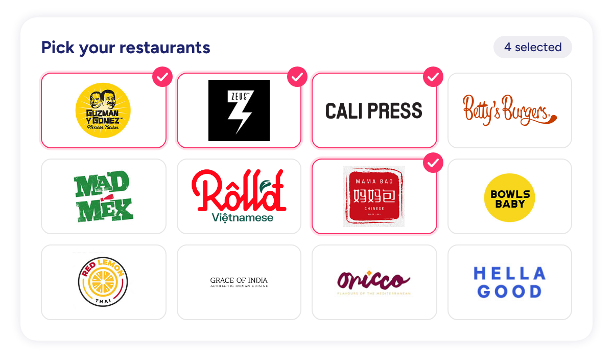 Restaurant picker showing Guzman y Gomez, Zeus Street Greek, Cali Press, Betty's Burgers, Mad Mex, Roll'd, Mama Bao, Bowls Baby, Red Lemon Thai, Grace of India, Oricco and Hella Good