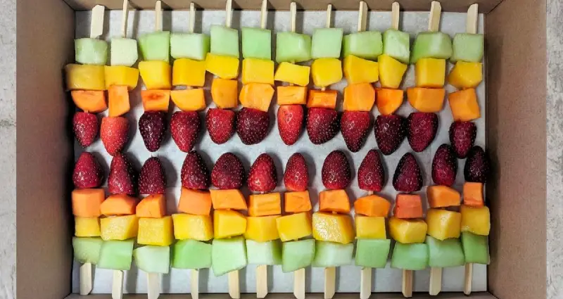 Colourful fruit skewers prepared by SevenOaks catering in Perth.