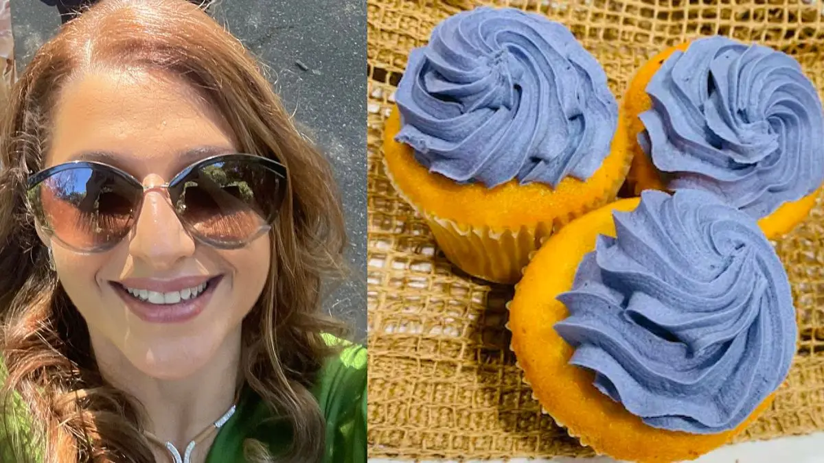 Rawa Ghamraoui from South Terrace Catering and some purple cupcakes for International Women's Day.