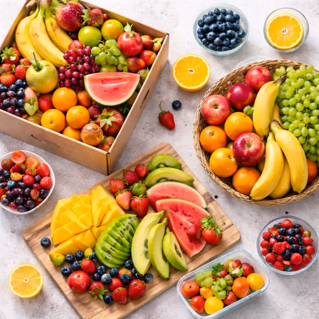 Top-down view of fresh fruit boxes, a fruit basket, sliced fruits and a transparent lunchbox with mixed fruit on a table.
