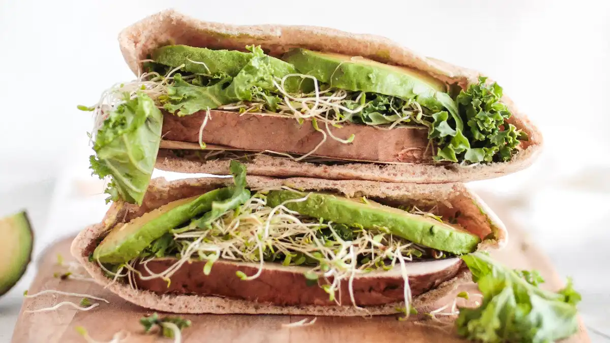Vegan sandwich with avocado and sprouts.