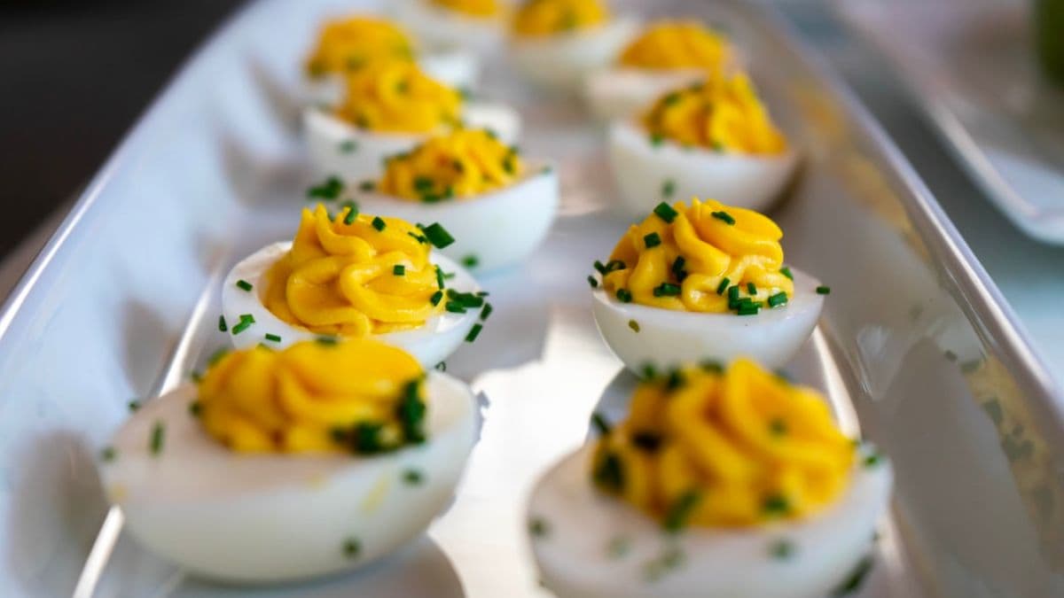 Plate of devilled eggs.