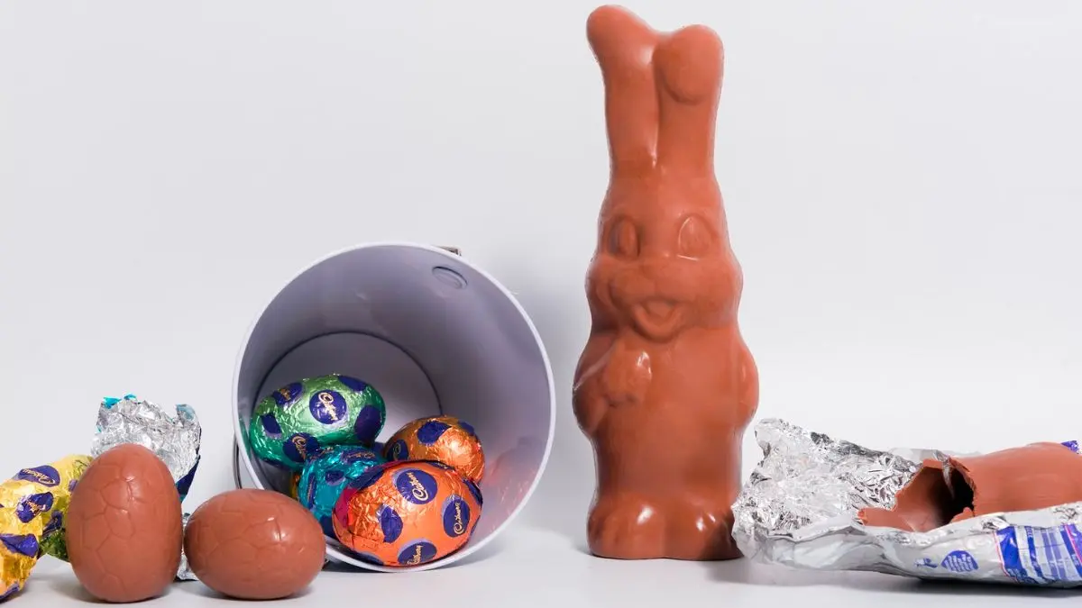 A chocolate bunny and a few colourful, foil-wrapped Easter eggs.