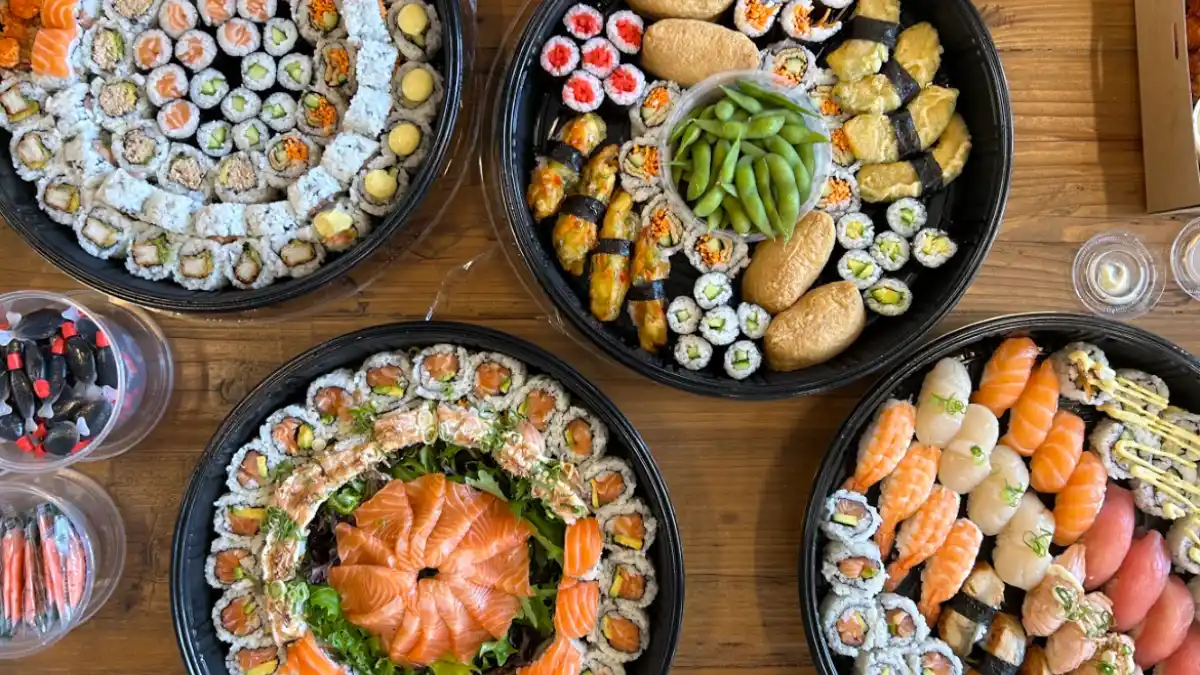 Four platters of mixed sushi, including one vegetarian platter, from Sushi Jones in Sydney.