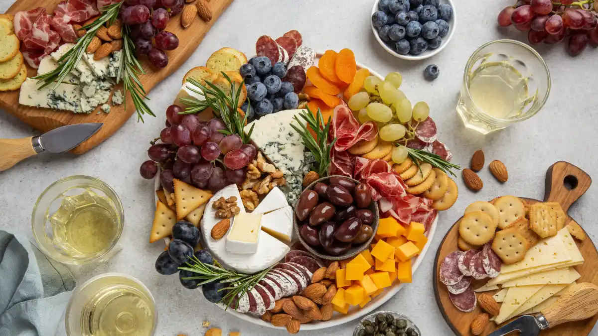 A few cheese and charcuterie boards, with different types of cheese, cured meats, fresh fruit and dried fruit.