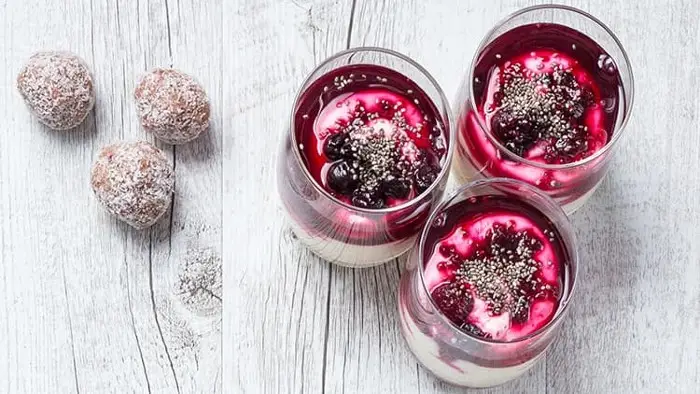 Yoghurt cups with fruit and protein balls.