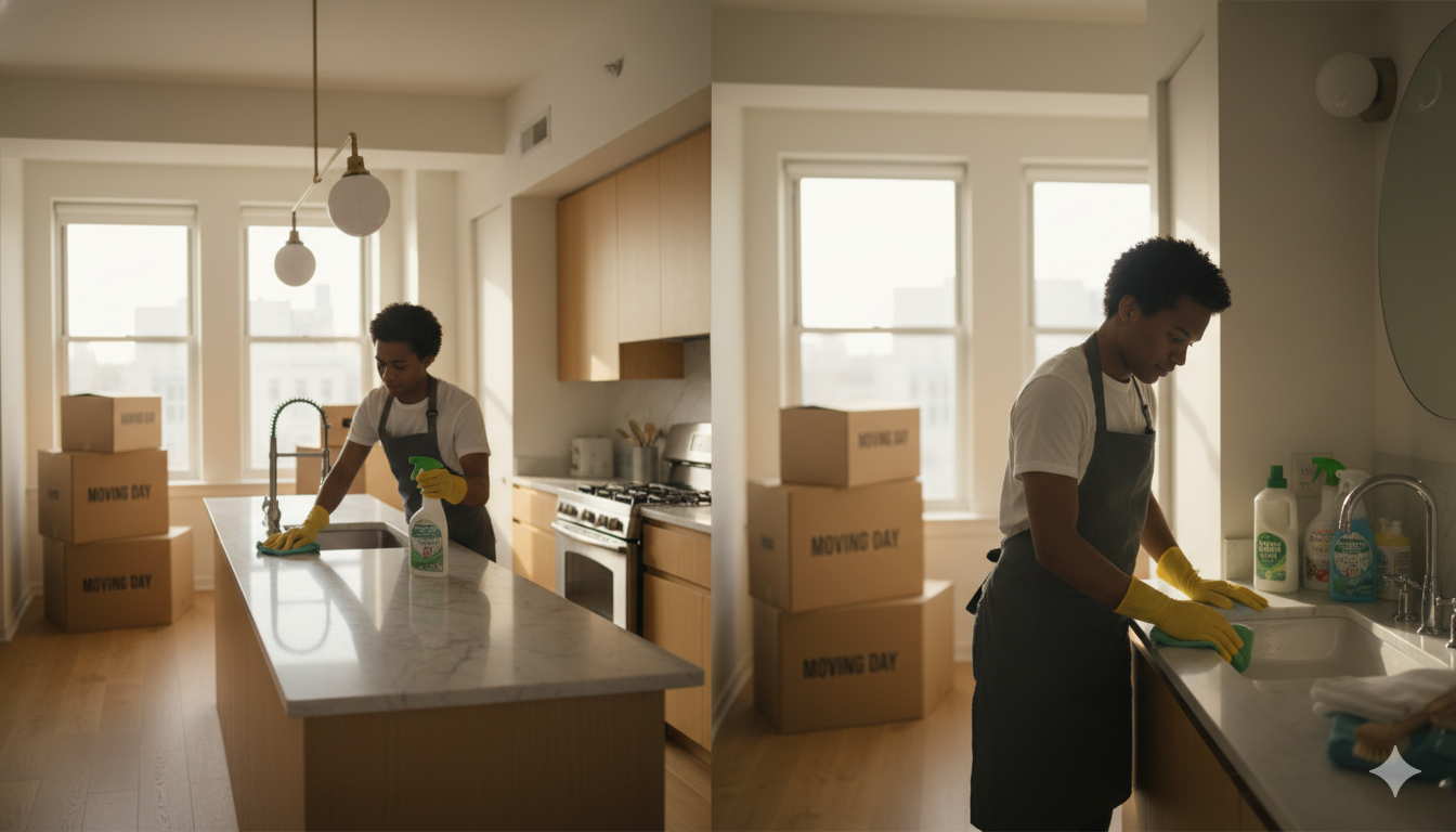 Person preparing NYC apartment for move-out with professional cleaning supplies and moving boxes