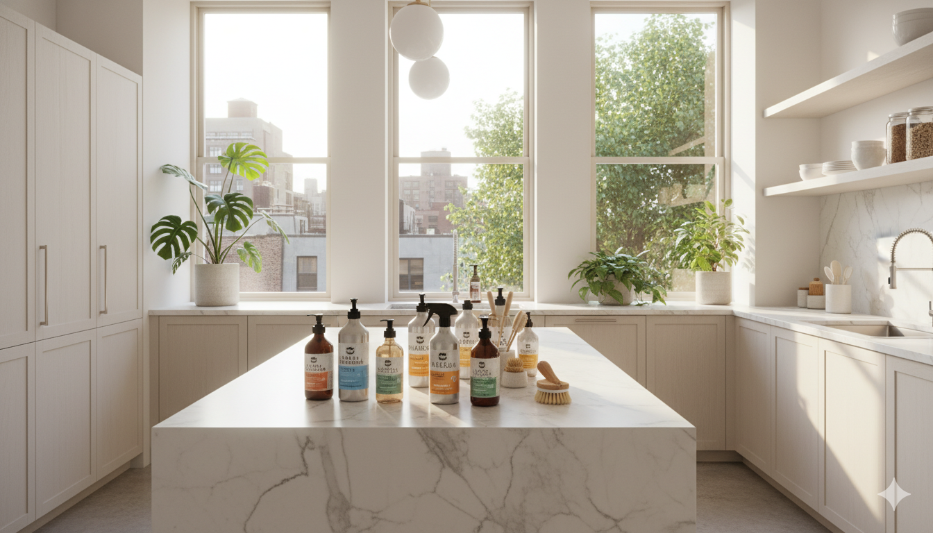 Eco-friendly cleaning products displayed on a NYC apartment countertop with natural light