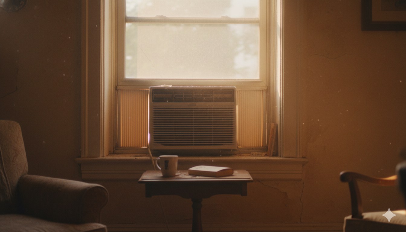 Window AC unit in a pre-war NYC apartment building, seen from inside in early summer morning light.