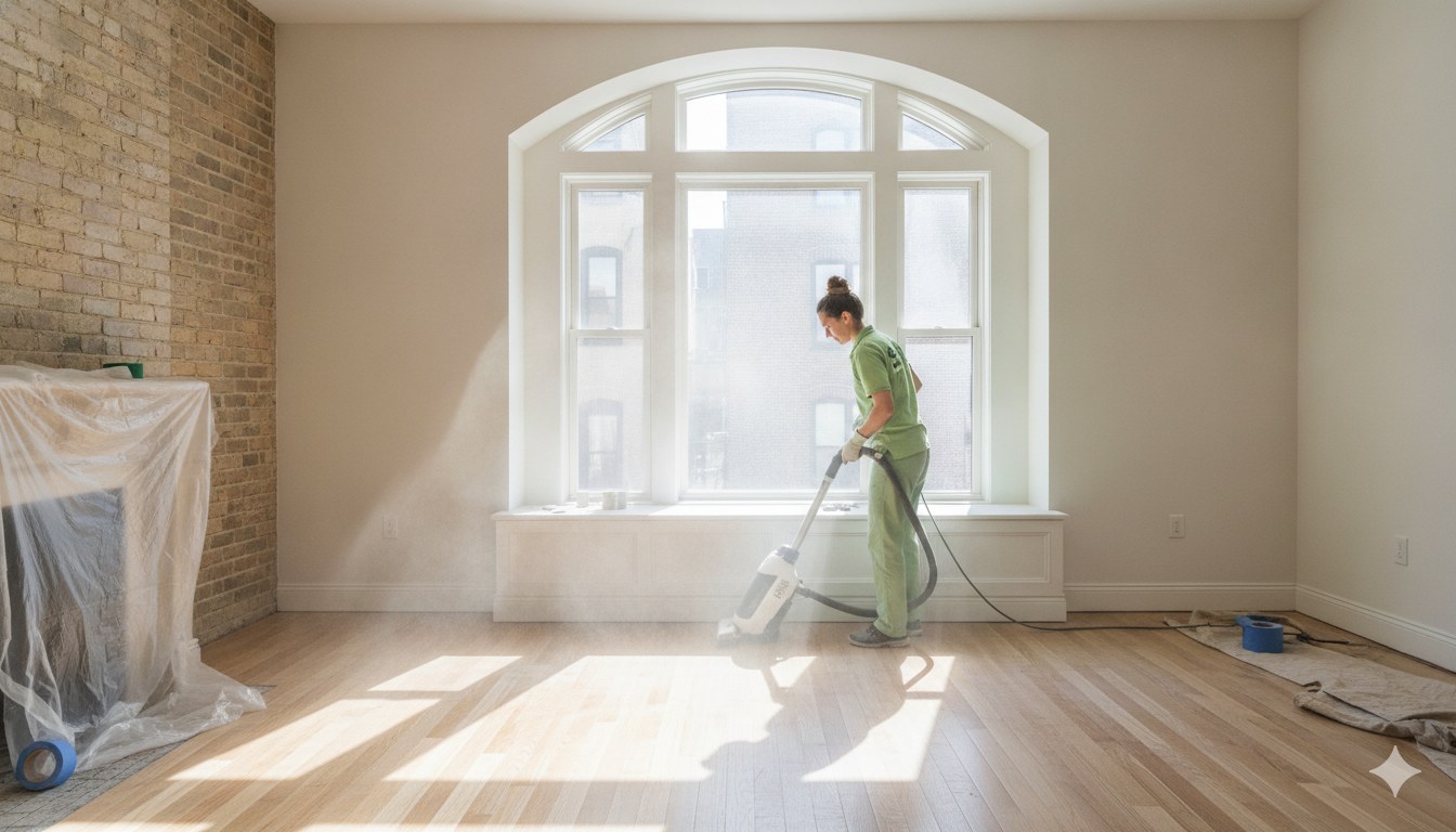 Professional post-renovation cleaning in a NYC apartment, before and after construction dust removal