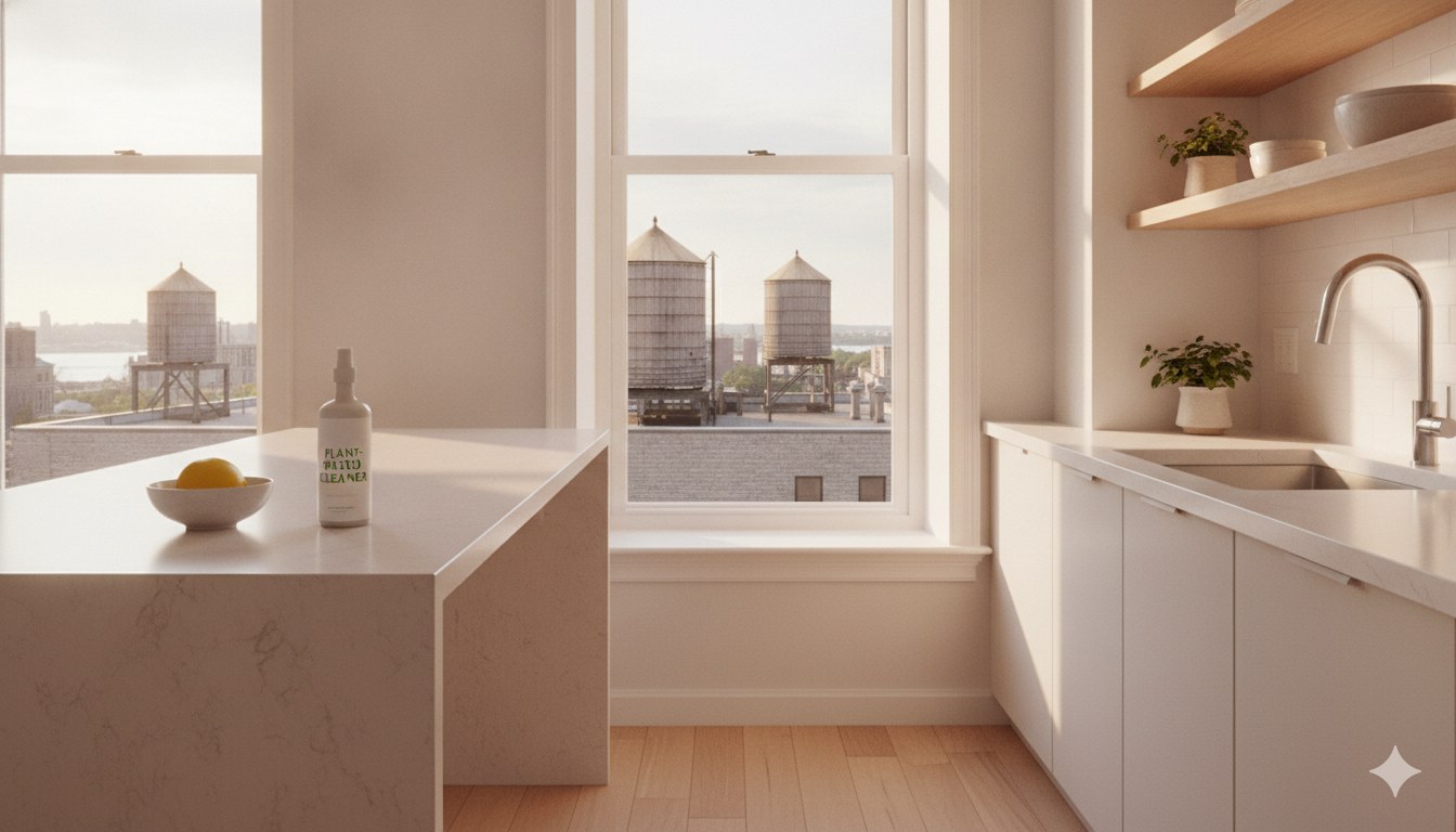 Professional eco-friendly cleaning supplies on a clean NYC apartment kitchen counter, ready for a summer sublet