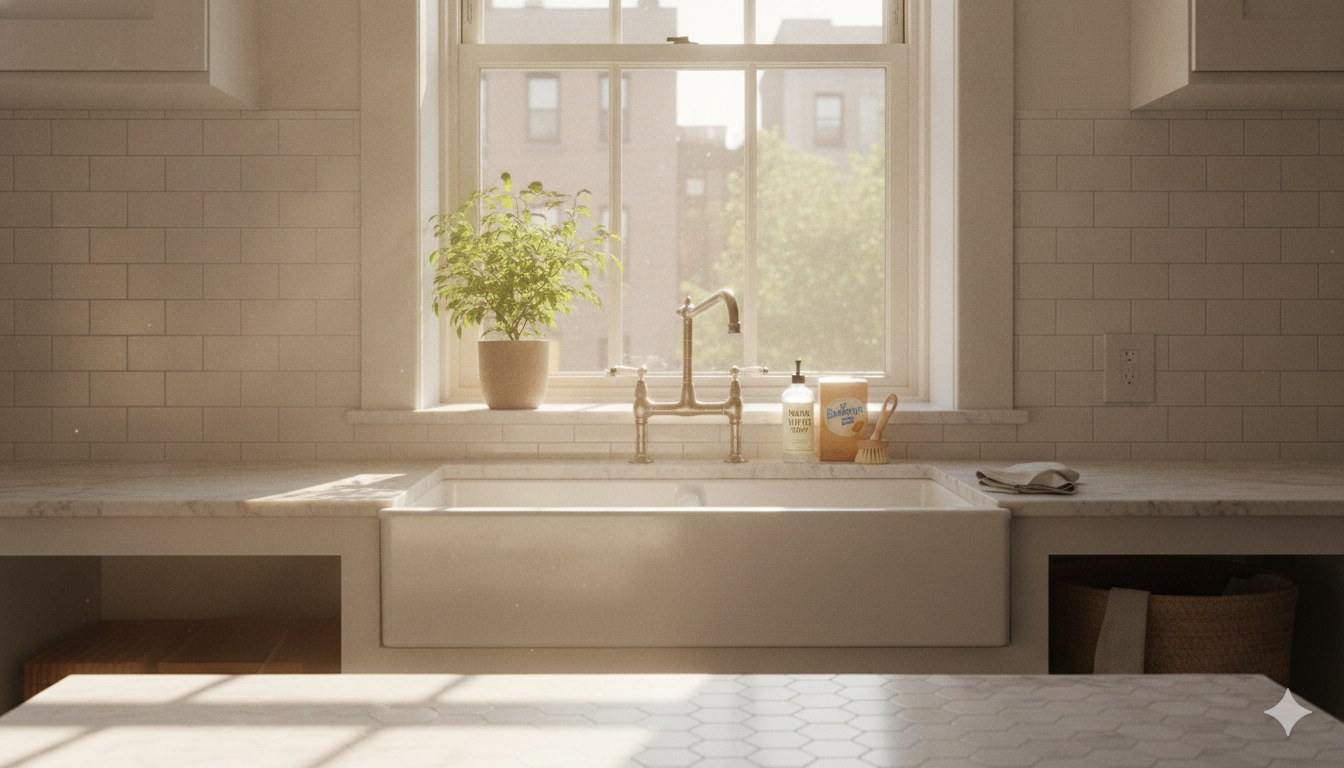 Clean NYC apartment kitchen in summer with natural light and eco-friendly cleaning supplies