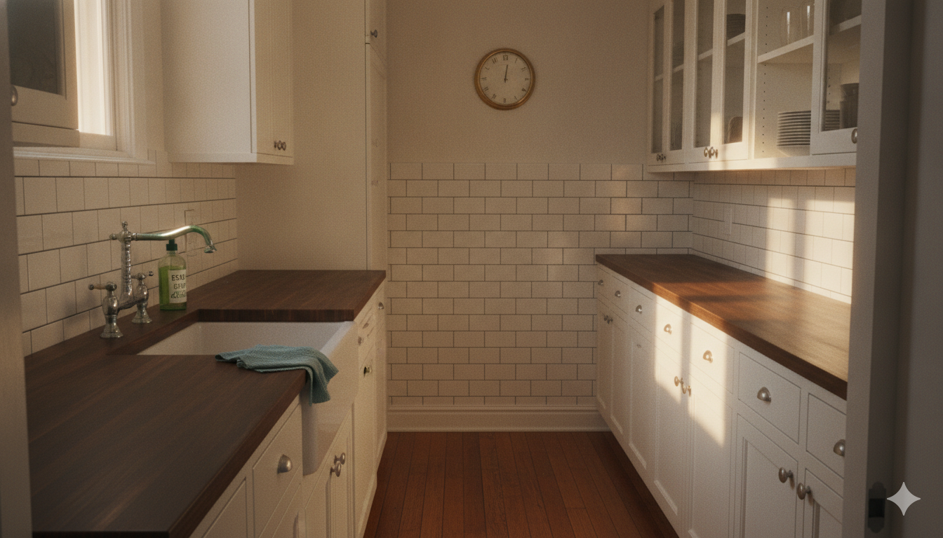 Pre-war NYC apartment kitchen with original subway tile backsplash, chrome faucet, and eco-friendly cleaning supplies on the counter