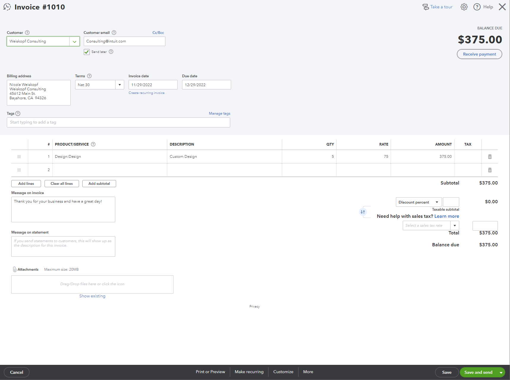 Screenshot of QuickBooks Online invoice menu.