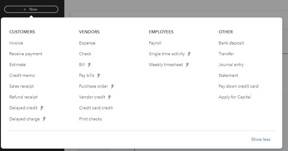 Screenshot of QuickBooks Online menu