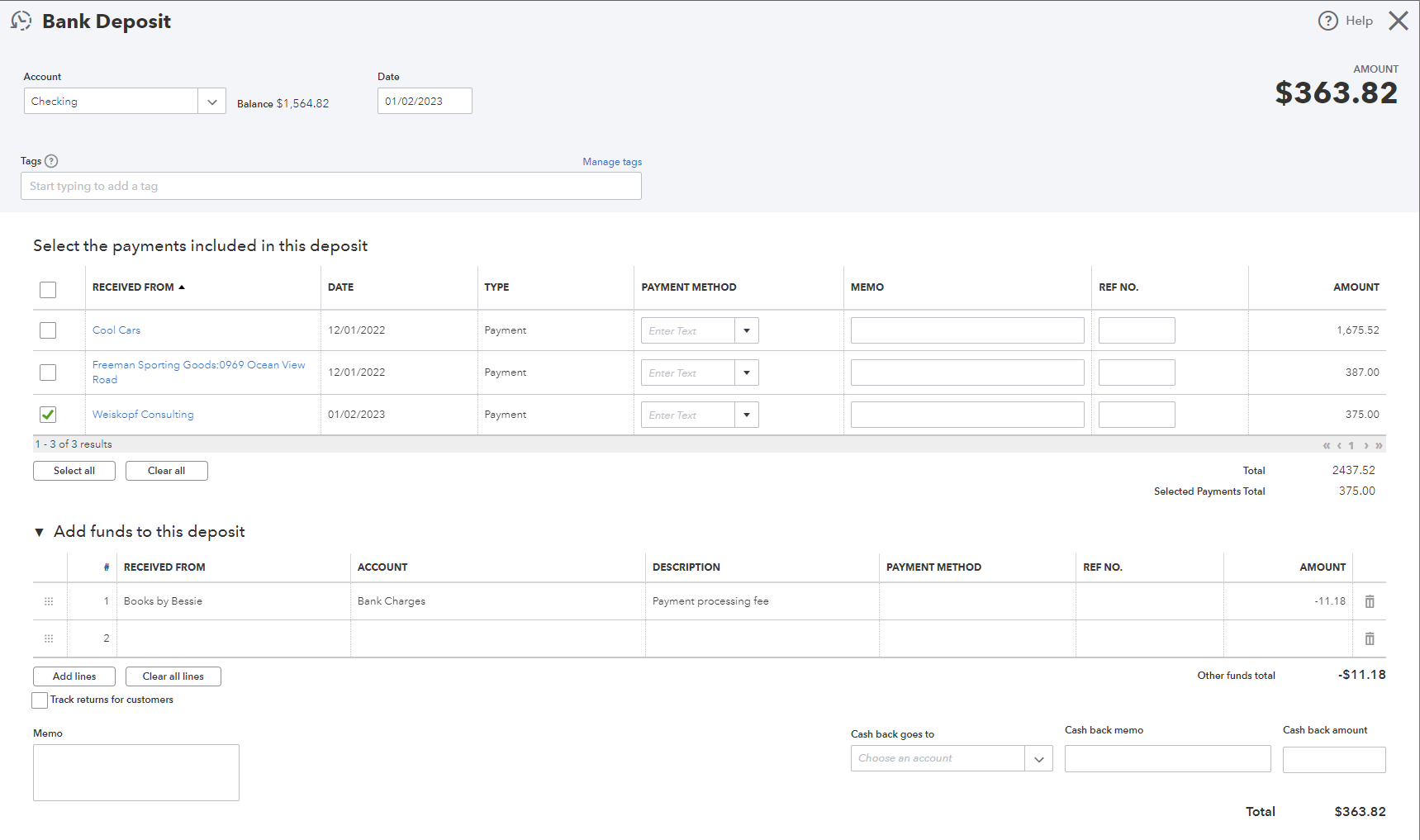 Screenshot of QuickBooks Online bank deposit menu.