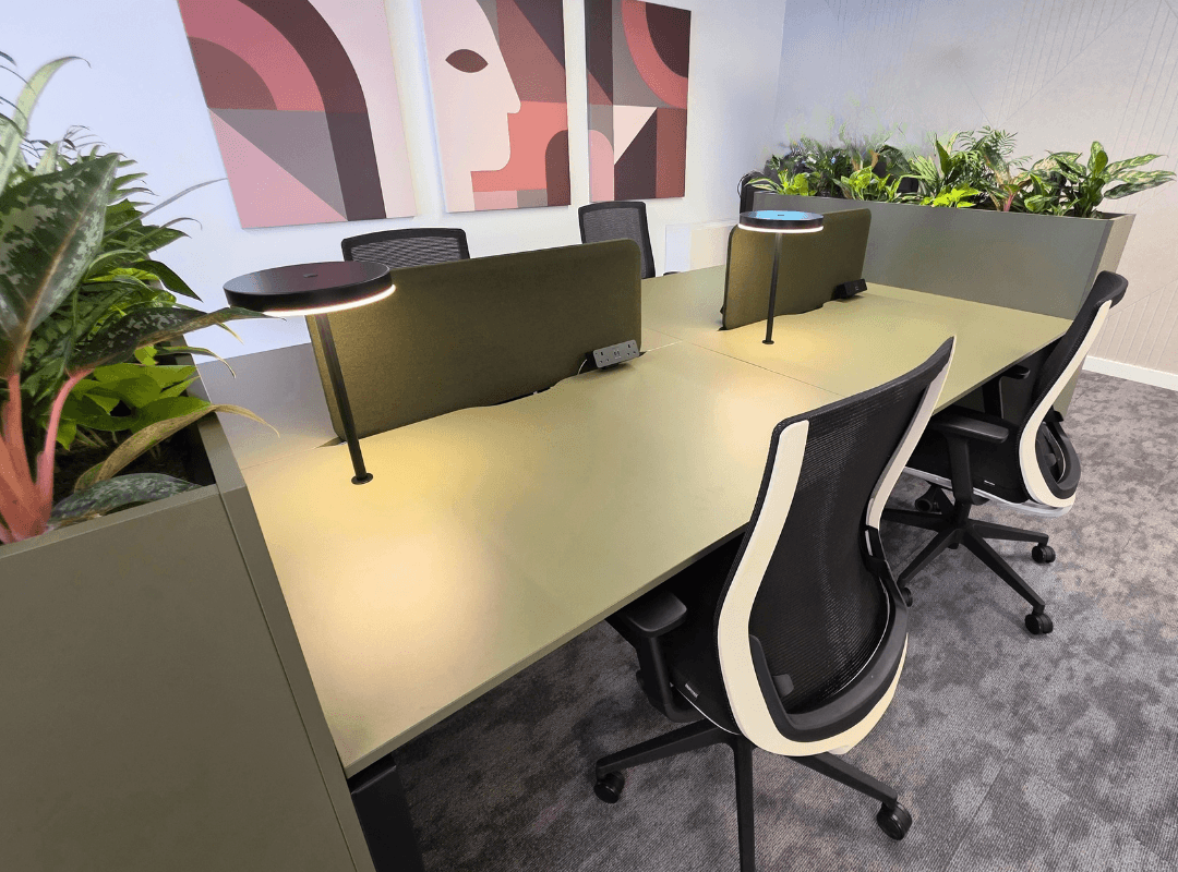 Jace 4 person bench desk with green tops and planters