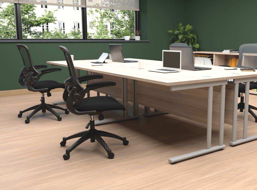Aztec cantilever desks with white tops and silver frame