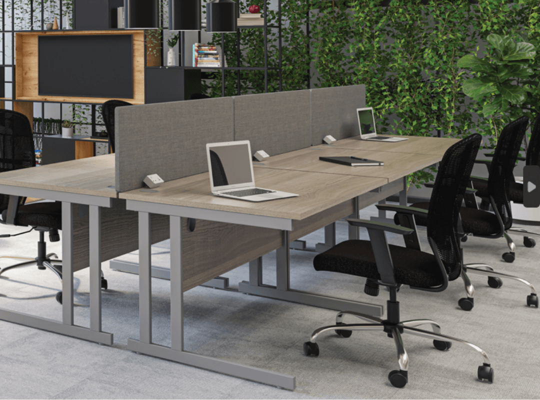 Cantilever single desks in grey oak with silver frame