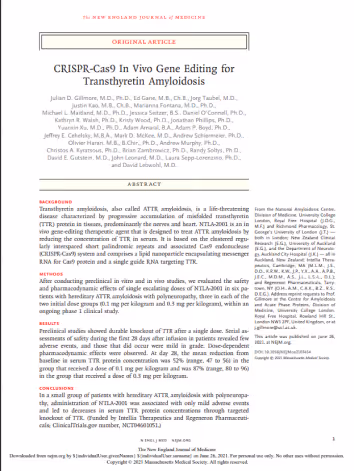 CRISPR-Cas9 in-vivo gene editing shows reduction in TTR after a single dose