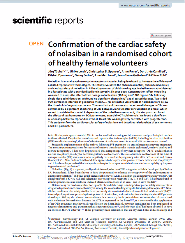 Confirmation of the cardiac safety of nolasiban in a randomised cohort of healthy female volunteers