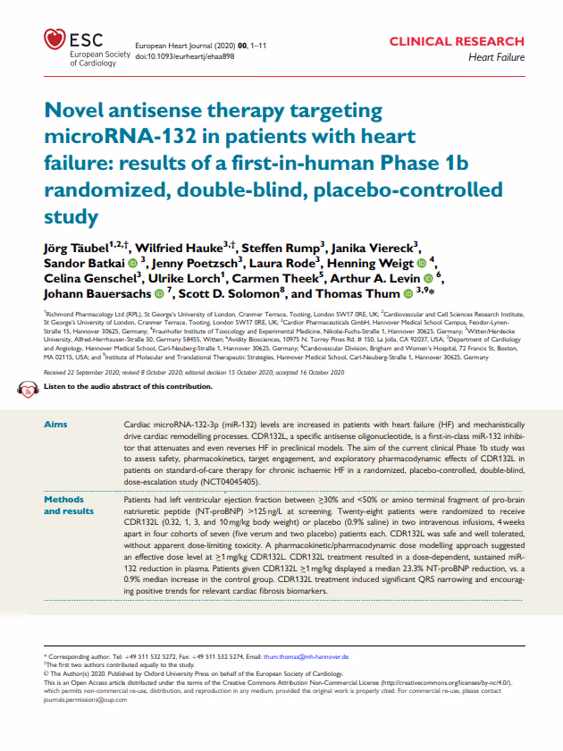 Novel antisense therapy targeting microRNA-132 in patients with heart failure: results of a first-in-human Phase 1b randomized, double-blind, placebo-controlled study