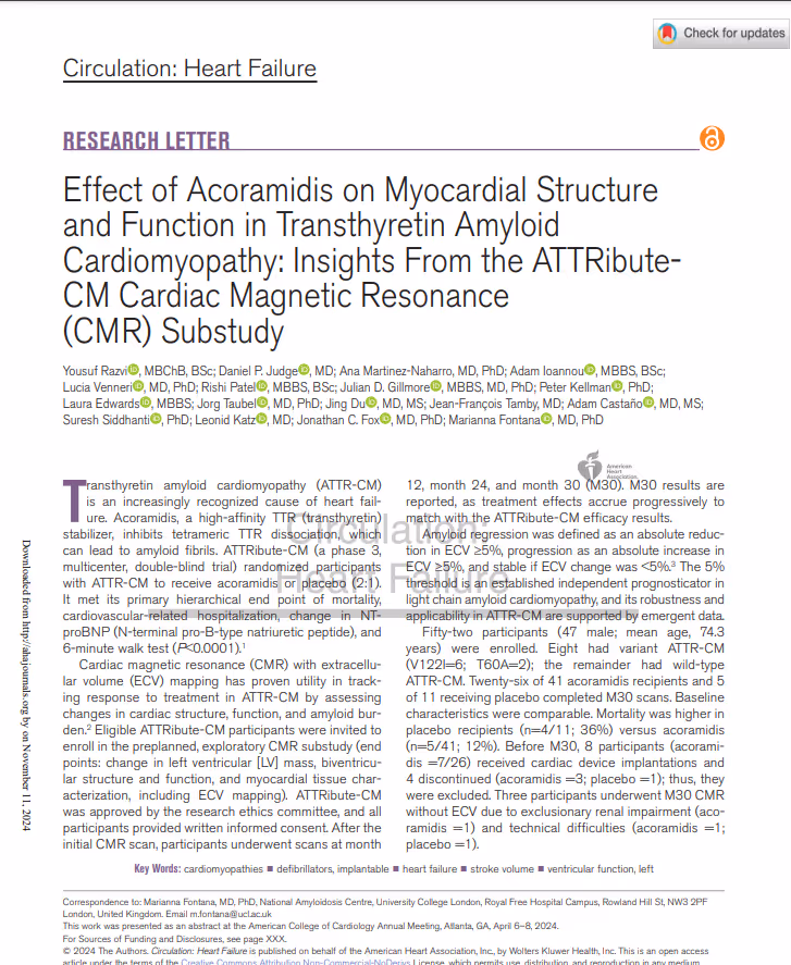 Effect of Acoramidis on Myocardial Structure and Function in Transthyretin Amyloid Cardiomyopathy: Insights From the ATTRibute-CM Cardiac Magnetic Resonance(CMR) Substudy