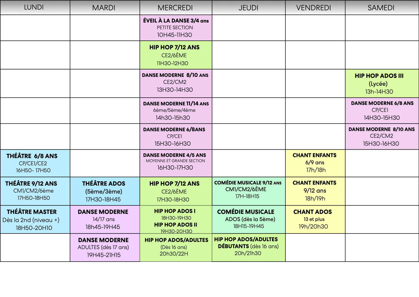 Planning des cours de l'atelier des Arts Scéniques