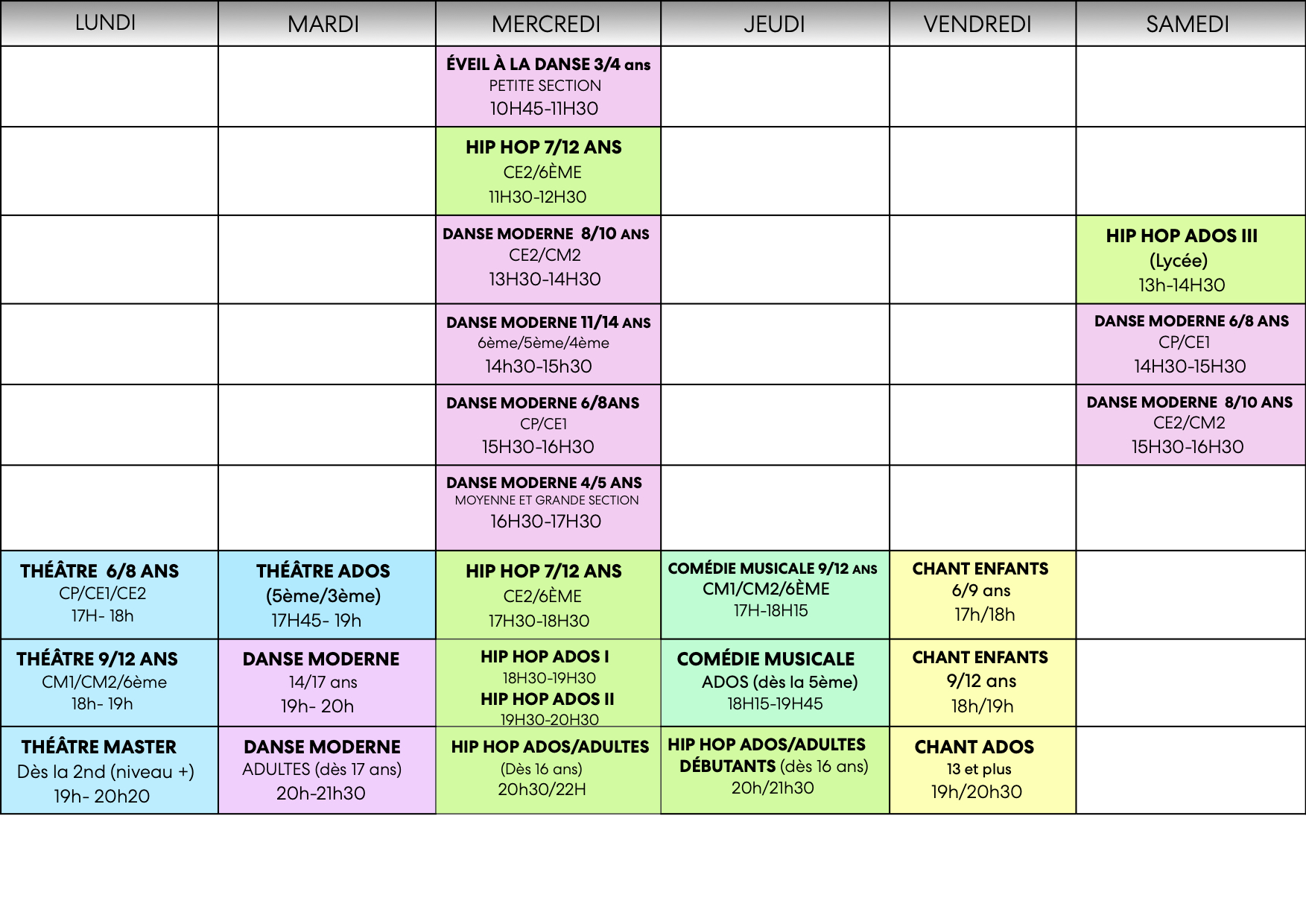 Planning des cours de l'atelier des Arts Scéniques