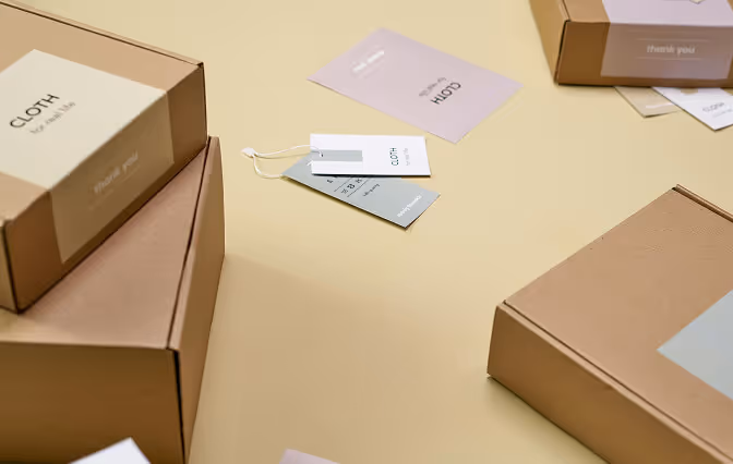 Flat lay of brown cardboard boxes with white and beige labels and attached clothing tags on a beige surface.