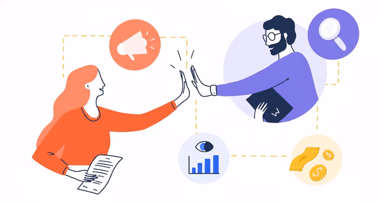 Illustration of a woman in orange handing a document to a man in purple as they high-five, surrounded by icons of a megaphone, magnifying glass, bar chart with eye, and money symbols.